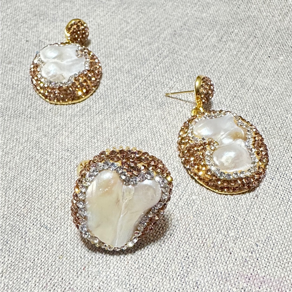 Stunning Baroque BoHo Court-style freshwater pearls Cubic Zirconia Earrings/ring